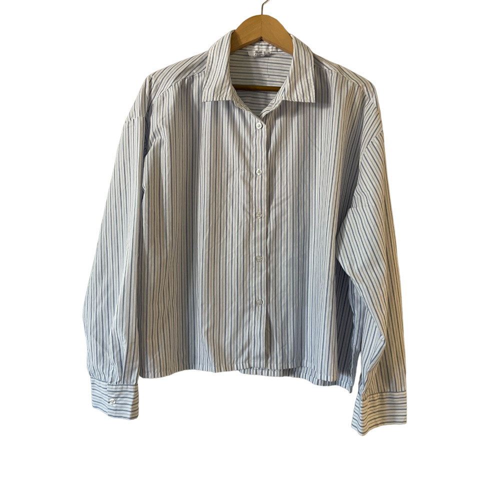 Japna Womens Long‎ Sleeve Button Up Shirt XL Blue White Stripe Polyester Cotton